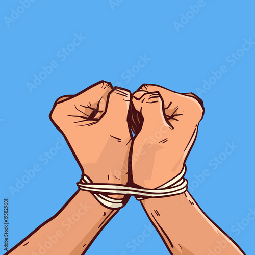 Hands Tied With Rope Isolated Colorful Sketch On Blue Background Vector Illustration