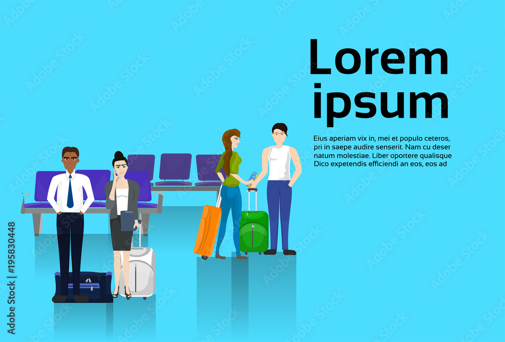People Trevelers With Luggage Waiting For Departure In Airport Template Background With Copy Space Flat Vector Illustration People Trevelers With Luggage Waiting For Departure In Airport Template Background With Copy Space Flat Vector Illustration