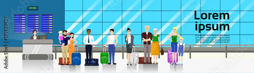 People with Baggage Standing In Line To Counter In Airport For Check In Horizontal Banner Flat Vector Illustration