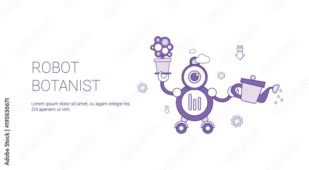 Robot Botanist Template Web Banner With Copy Space Vector Illustration Robot Botanist Template Web Banner With Copy Space Vector Illustration