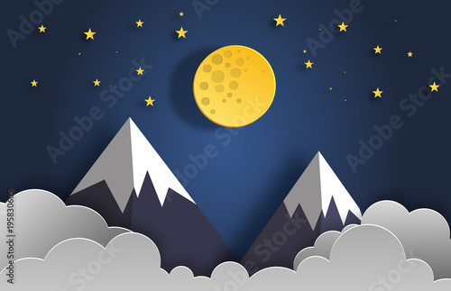 Paper art style of landscape at night with moon, stars, and mountains flat-style vector illustration.