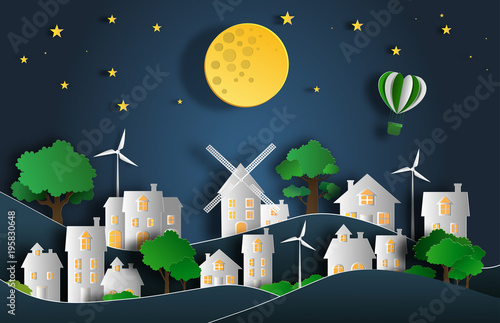 Paper art style of landscape at night in the city with moon and stars, flat-style vector illustration.