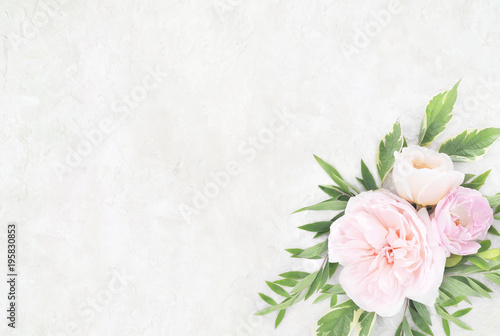 Summer blossoming delicate roses on blooming flowers festive background, pastel and soft bouquet floral card, selective focus, toned