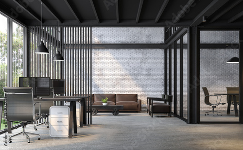 Industrial loft style office 3d render.There are white brick wall,polished concrete floor and black steel structure.Furnished with dark brown and black  leather furniture.