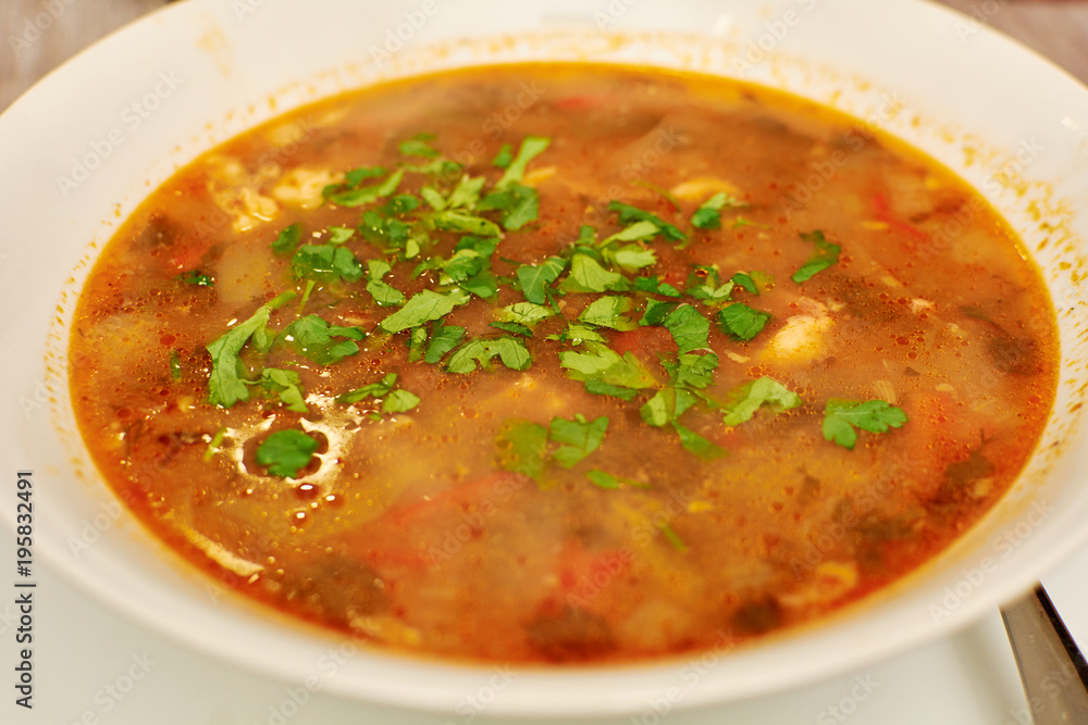 Kharcho soup with meat and rice on the plate Kharcho soup with meat and rice on the plate
