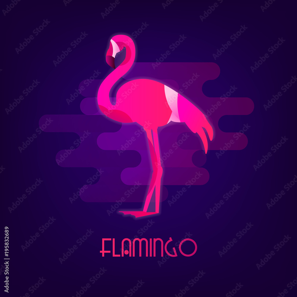 Flamingo vector icon with the neon glow on dark background. Flat design.