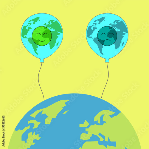 Happy and sad emoji inside two balloons rising over the world, meaning that we are not in the same world. People live in their own world concept. Vector illustration.