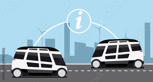 V2V - Vehicle to vehicle communication. Data exchange between self driving cars. Vector illustration
