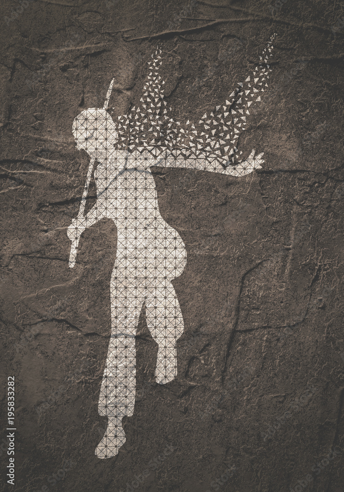 Fototapeta premium Kung Fu martial art silhouette of woman textured by lines and dots pattern in sword fight pose. Particles emission