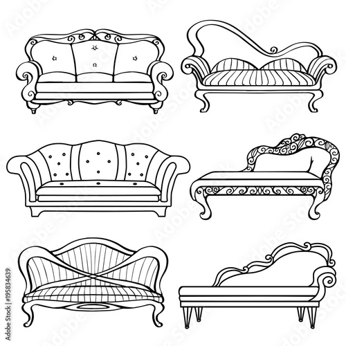 Furniture hand drawn set, vintage sofa, couch