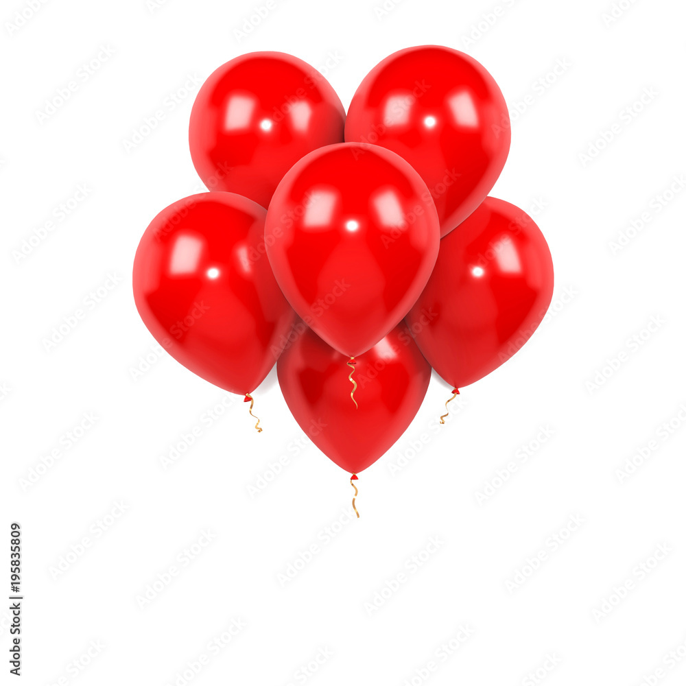 Red bundle of balloons isolated on white background. 3D illustration of celebration, party balloons