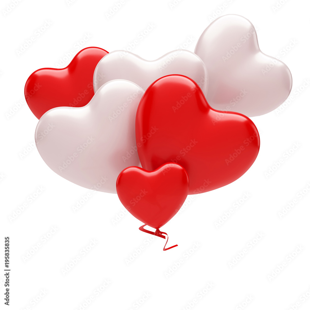 Red and white balloons in the shape of heart on the center isolated on white background. 3D illustration of celebration, party balloons
