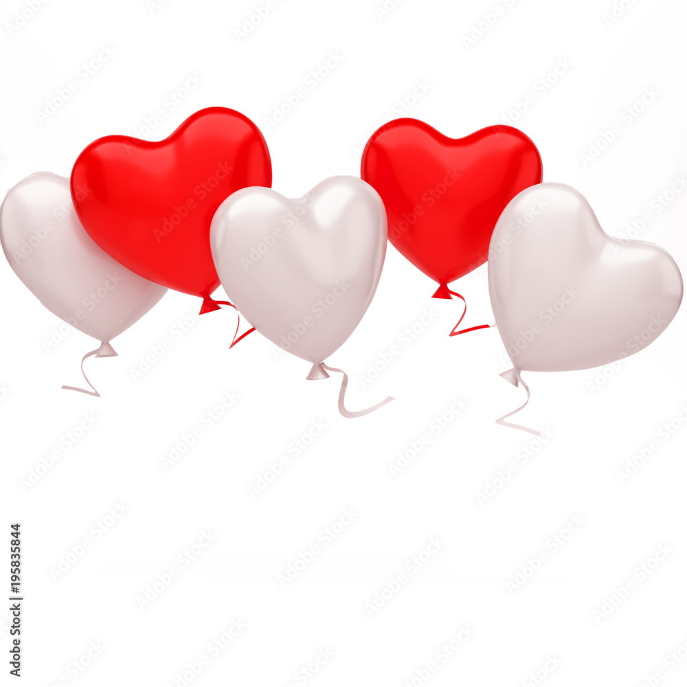 Red and white balloons in the shape of heart on the center with red and white rbbons isolated on white background. 3D illustration of holidays, party, birthday balloons