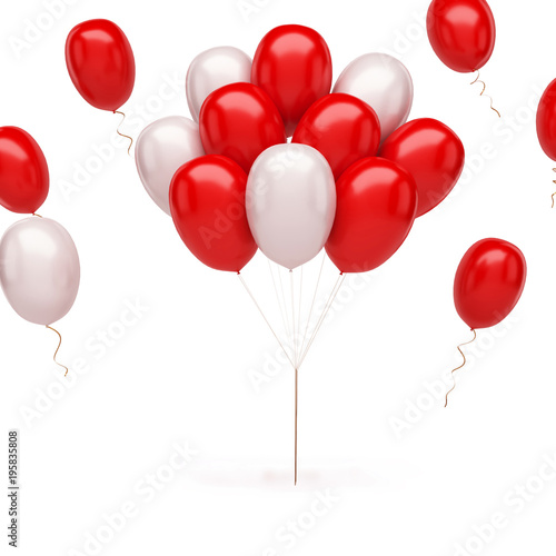Red and white balloons with  gold ribbons isolated on white background. 3D illustration of celebration  party balloons