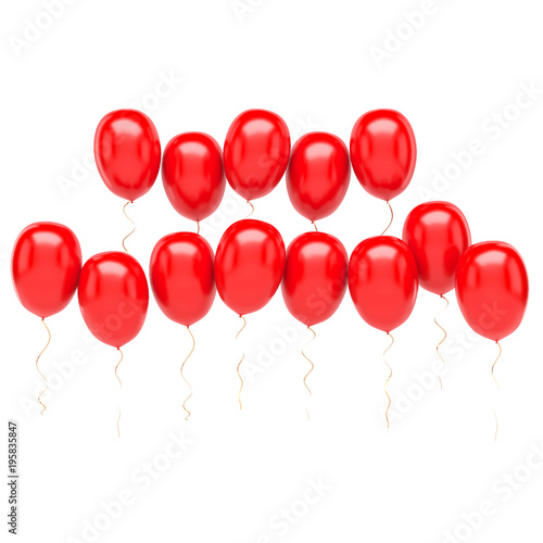 Red balloons arranged two row on the center with gold ribbons isolated on white background. 3D illustration of holidays  party  birthday balloons