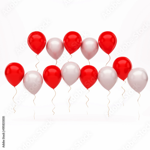 Red and white balloons arranged two row on the center with long golden rbbons isolated on white background. 3D illustration of holidays  party  birthday balloons