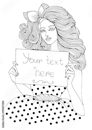 Vector Hand Drawn Girl In Pin Up Style With Long Wavy Hair Holding Empty Blank Board