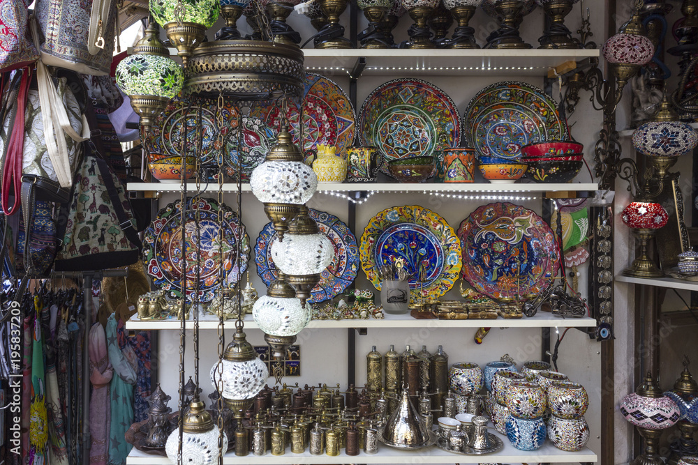 Traditional market stall in Mostar, with ceramics and lamps Traditional market stall in Mostar, with ceramics and lamps