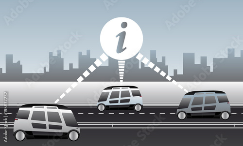 V2V - Vehicle to vehicle communication. Data exchange between self driving cars. Vector illustration