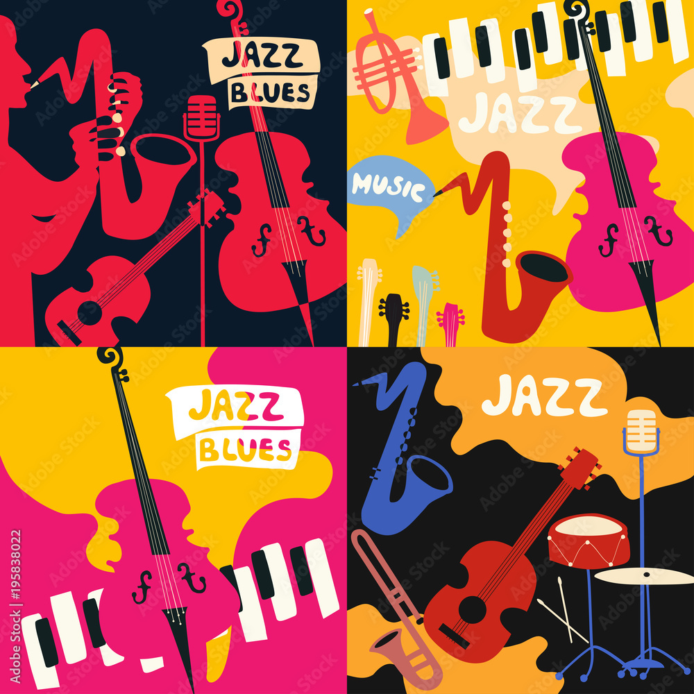 Obraz premium Set of music cards and banners. Music cards with instruments flat vector illustration. Jazz music festival banners. Colorful jazz concert posters