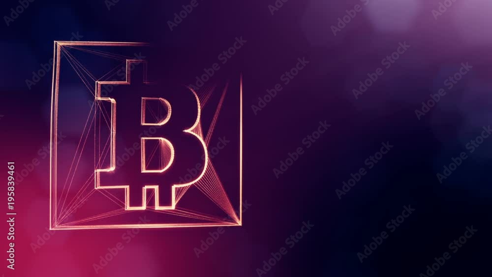 Sign of bitcoin in a square card. Financial background made of glow particles as vitrtual hologram. Shiny 3D loop animation with depth of field, bokeh and copy space. Violet color v2 Sign of bitcoin in a square card. Financial background made of glow particles as vitrtual hologram. Shiny 3D loop animation with depth of field, bokeh and copy space. Violet color v2