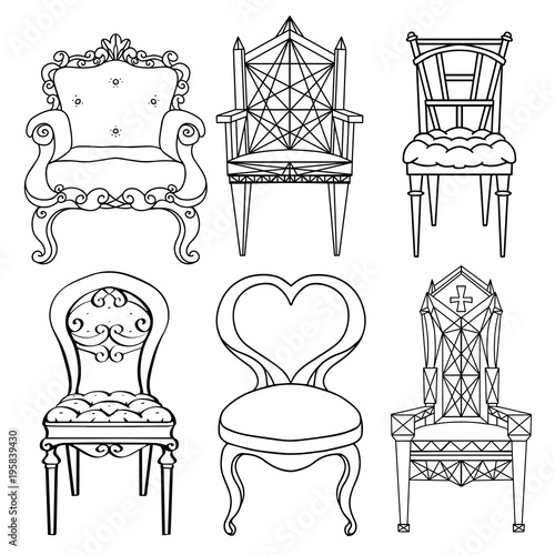 Furniture hand drawn set, vintage chair, armchair, throne