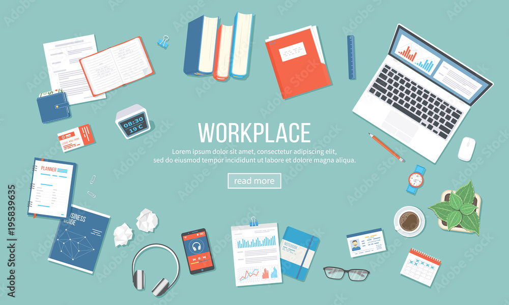 Workplace background. Top view of table with supplies laptop, books, documents, folder, notepad, calculator, calendar, headphones, clock, coffee, id card. Vector illustration Top view Workplace background. Top view of table with supplies laptop, books, documents, folder, notepad, calculator, calendar, headphones, clock, coffee, id card. Vector illustration Top view