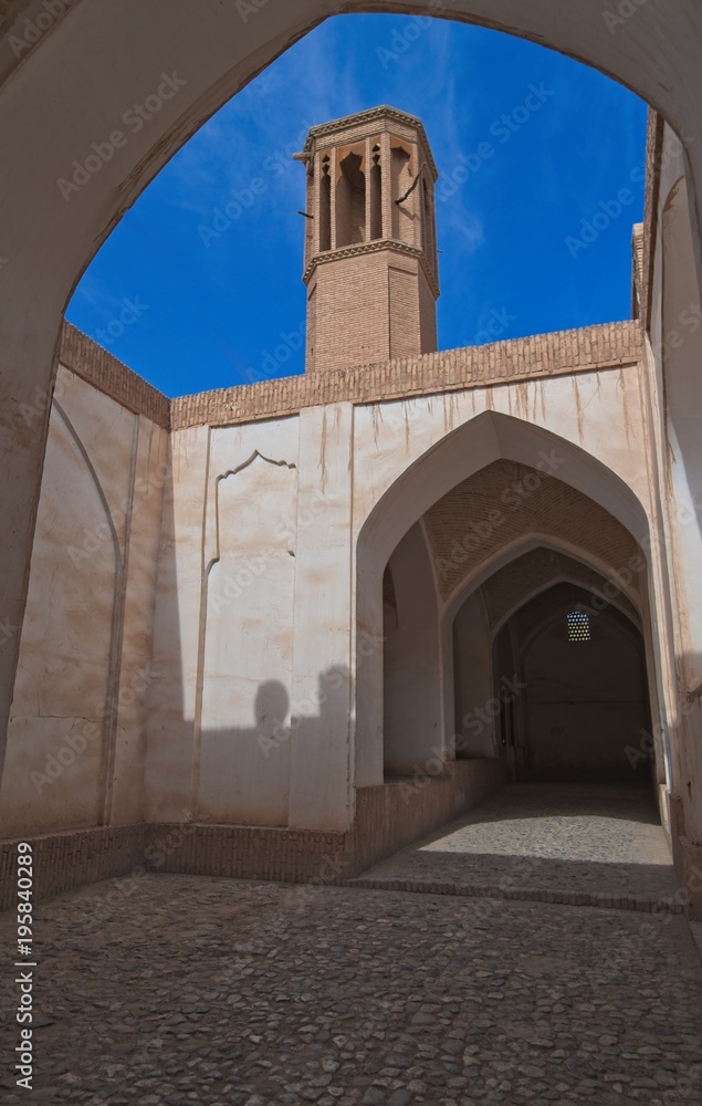 Mosque Agha Bozog in Kashan, Iran.The windtower or windcatcher create natural ventilation in buildings.