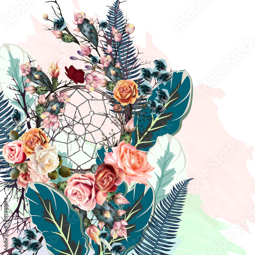 Beautiful vector illustration with boho dreamcatcher, flowers and palm leafs