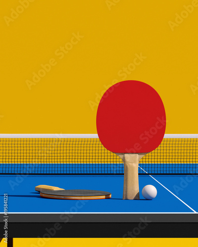 Photography Two table tennis or ping pong rackets and ball on a table with net 3d illustrati