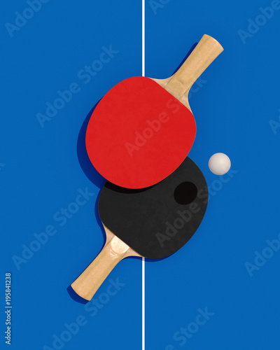 Two table tennis or ping pong rackets and ball on a table with net 3d illustration