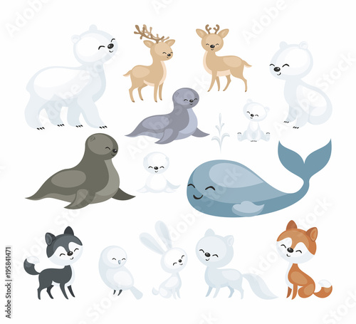 The image of cute polar animals. Vector illustrations set isolated on a white background.