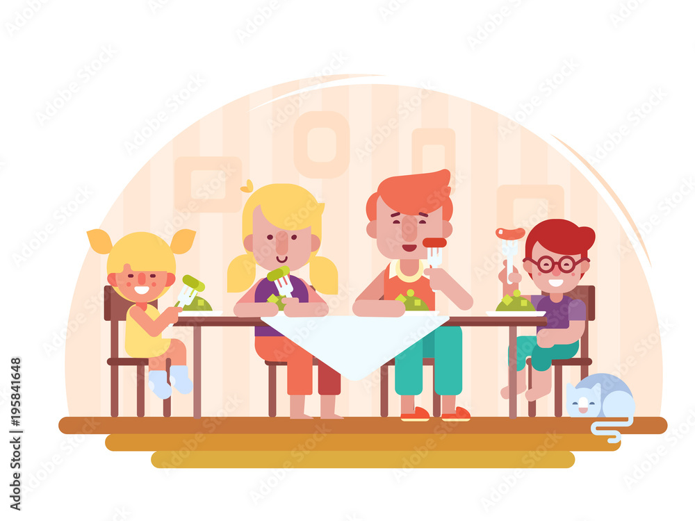 Happy family have dinner. People sit at the table and have lunch. Flat vector illustration Happy family have dinner. People sit at the table and have lunch. Flat vector illustration