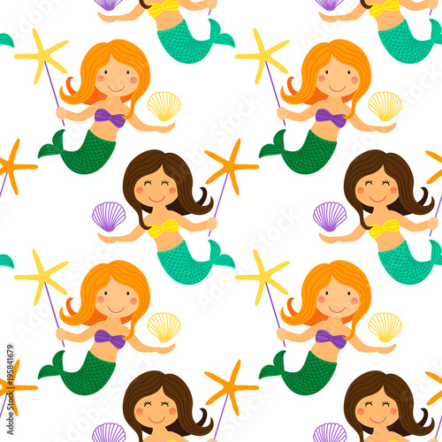 Cute childish hand drawn seamless pattern with cartoon character of little mermaid with sea starfish and shell