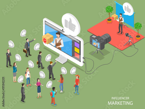 Influencer marketing flat isometric vector concept. Video blogger is representing a new product for its audience throw video post on its page.