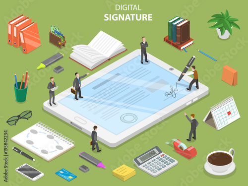 Digital signature flat isometric vector concept. Group of people are concluding a contract and signing it using digital tablet.