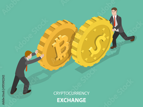 Time is money flat isometric vector concept. Two men are pushing a bitcoin and a dollar coin towards each other.