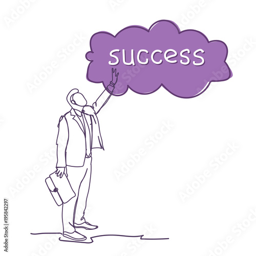 Successful Business Man Sketch Silhouette Point Finger To Cloud With Success Word Vector Illustration