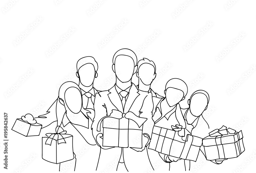 Group Of Doodle Business People Holding Gift Boxes Successful Team Award Concept Vector Illustration Group Of Doodle Business People Holding Gift Boxes Successful Team Award Concept Vector Illustration