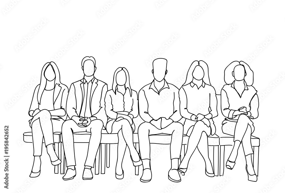 Group Of Business People Sitting In Line Waiting For Interview Doodle Human Resources Concept Vector Illustration Group Of Business People Sitting In Line Waiting For Interview Doodle Human Resources Concept Vector Illustration