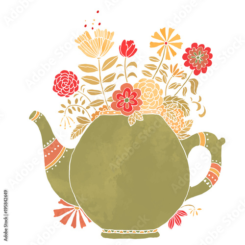 Watercolor vintage teapot with flowers