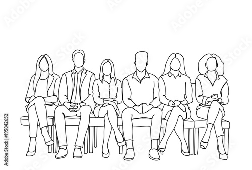 Group Of Business People Sitting In Line Waiting For Interview Doodle Human Resources Concept Vector Illustration