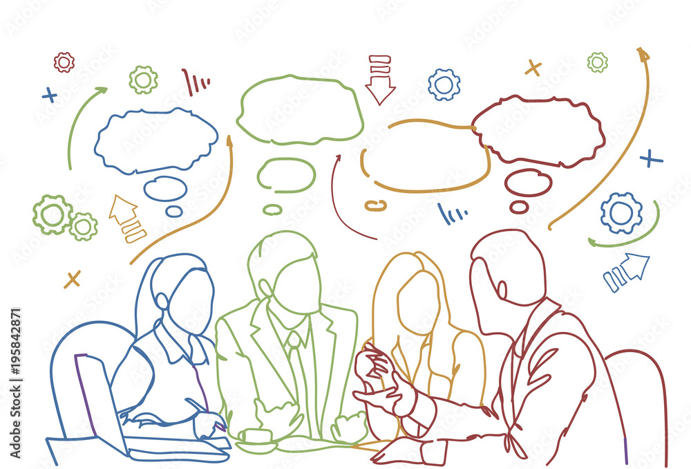 Business People Team Sit At Desk Together Communication Discussion Or Brainstorming Meeting Doodle Background Vector Illustration Business People Team Sit At Desk Together Communication Discussion Or Brainstorming Meeting Doodle Background Vector Illustration