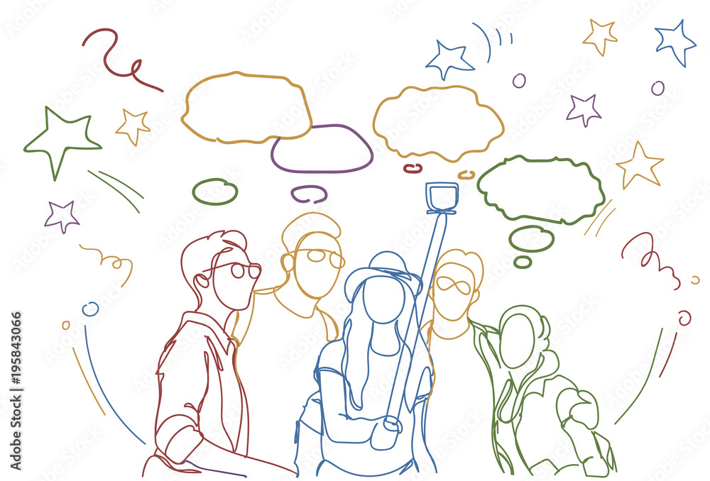 Group Of Young People Friends Taking Selfie Photo Men And Women Make Self Portrait On Smart Phone Embracing Vector Illustration Group Of Young People Friends Taking Selfie Photo Men And Women Make Self Portrait On Smart Phone Embracing Vector Illustration