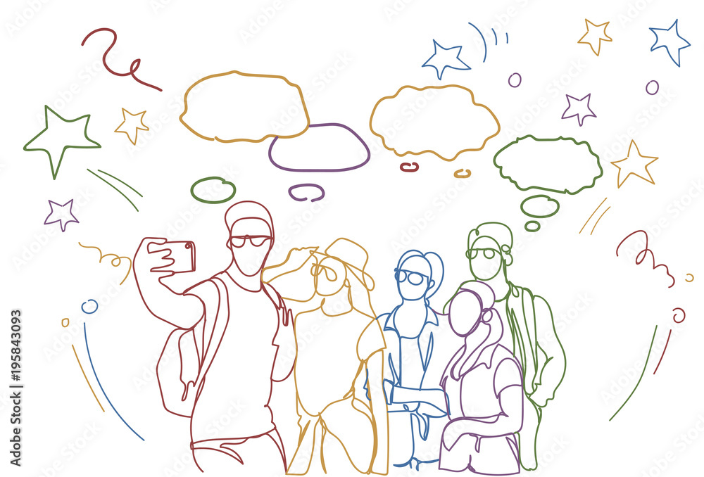 Hand Drawn Group Of People Friends Taking Selfie Photo Men And Women Make Self Portrait On Smart Phone Over Abstract Doodle Background Vector Illustration Hand Drawn Group Of People Friends Taking Selfie Photo Men And Women Make Self Portrait On Smart Phone Over Abstract Doodle Background Vector Illustration