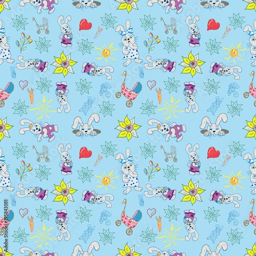 seamless pattern childrens illustration of set of element for design, bunnies flowers hearts sun blue background