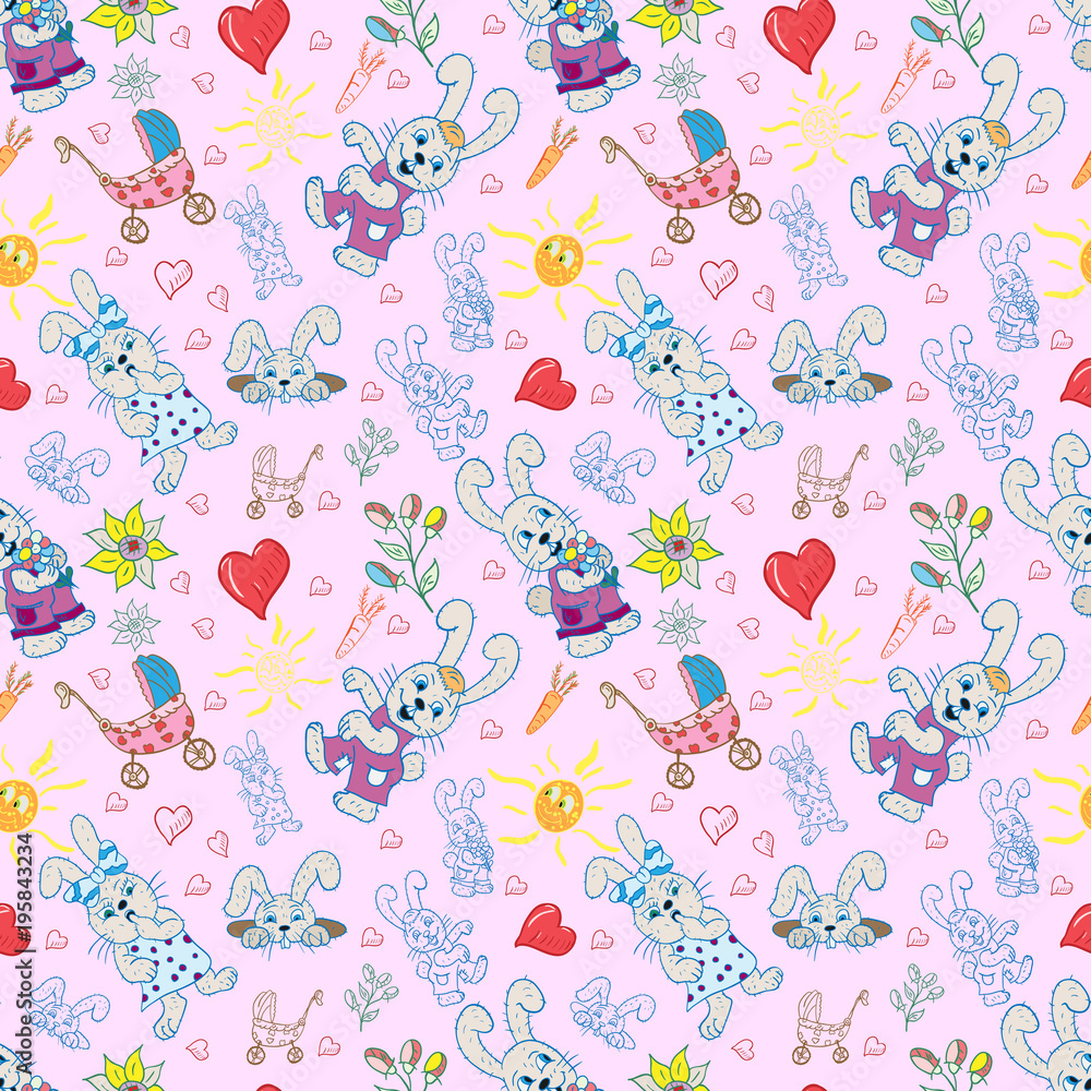 seamless pattern childrens illustration of set of element for design, bunnies flowers hearts sun pink background