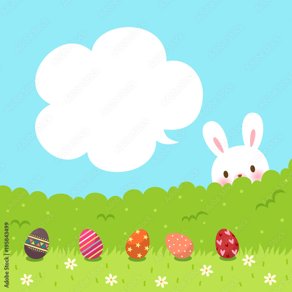 Easter eggs on grass and Easter bunny with speech bubble Easter eggs on grass and Easter bunny with speech bubble