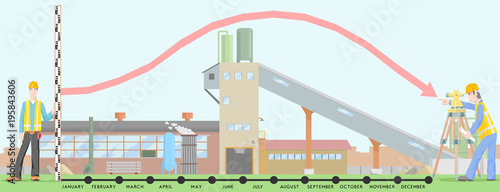 Infographics with surveyor. Annual seasonal fluctuations in construction activity by months. Two engineers with an optical instrument level on the background of the plant. Many layers, all separately.