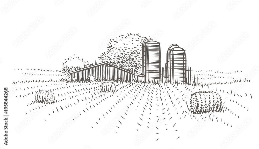 Farm landscape view vector sketch. 